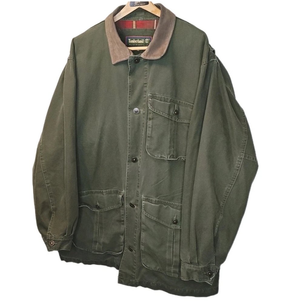 Vtg Timberland Rugged Barn Chore Coat XL Green Canvas Flannel Lined Streetwear